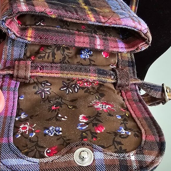 Vera Bradley Carson Cell Phone Crossbody Cozy Plaid Multi & Brown Floral Quilted - Picture 5 of 8